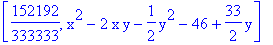 [152192/333333, x^2-2*x*y-1/2*y^2-46+33/2*y]